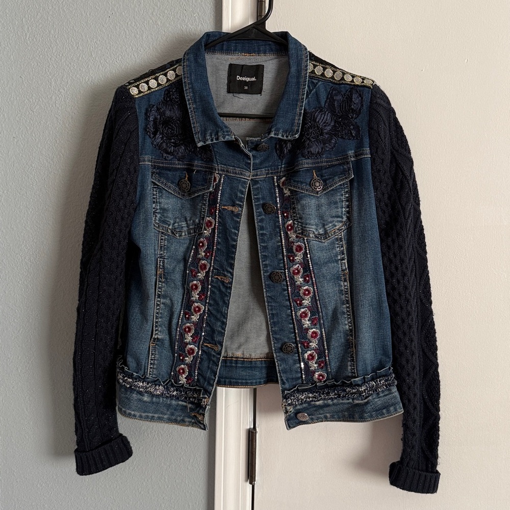 Desigual Multicolor Floral and Sequins Embroidered Hooded denim Jacket